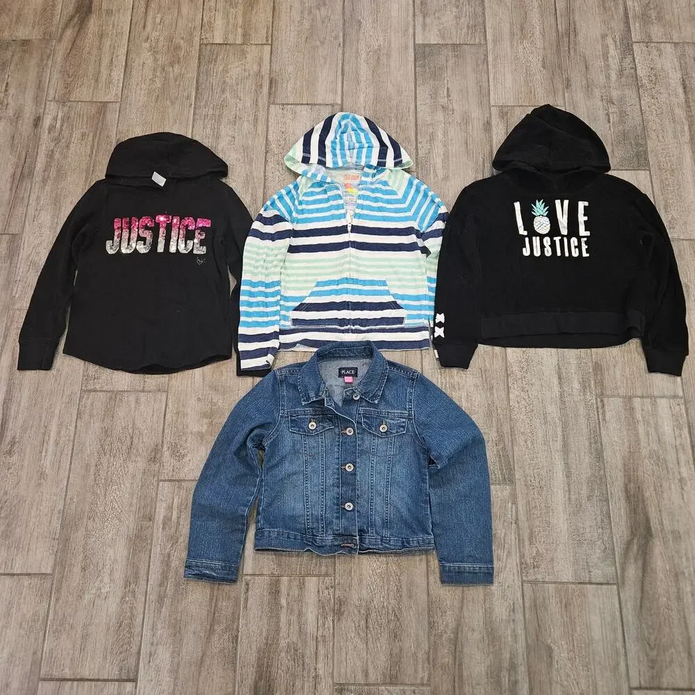 Girls Hoodie & Denim Jacket Lot of‎ 4 Size 7/8 Justice Old Navy Childrens Place